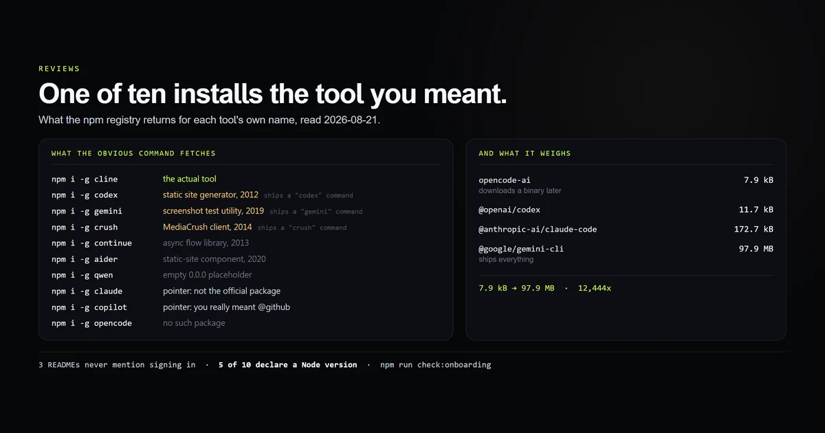 Ten obvious install commands, one of which gets the real tool and three of which get unrelated software