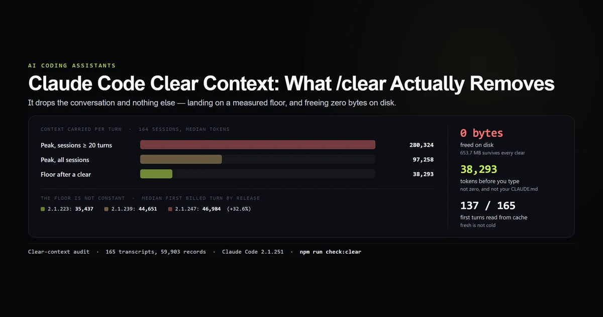 Measured token floor a cleared Claude Code session starts from, against the peak it left behind