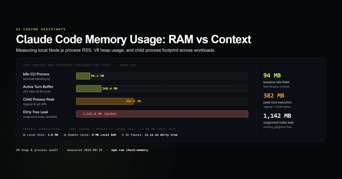 Claude Code memory usage diagram comparing Node.js host RAM footprint against remote LLM context window memory