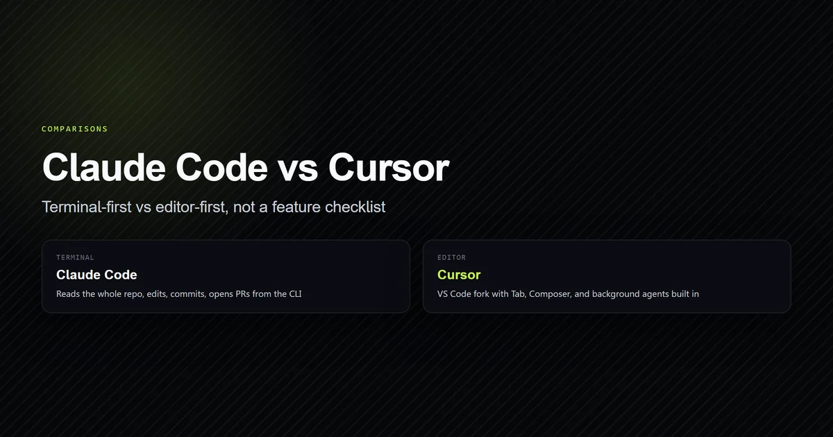 Two labeled panes contrasting Claude Code's terminal workflow with Cursor's editor workflow