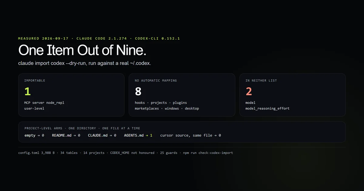 An import scan result showing one importable item, eight unmapped and two config keys missing entirely