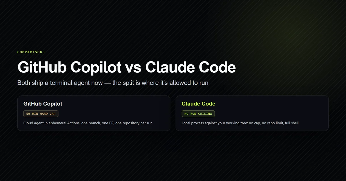 Two labeled panes contrasting Copilot cloud agent run limits with Claude Code local execution