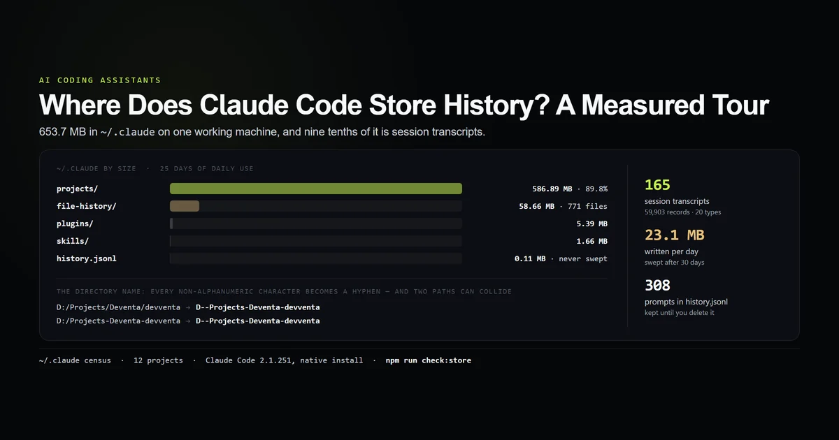 Measured layout of the .claude directory showing transcripts as 90 percent of stored bytes
